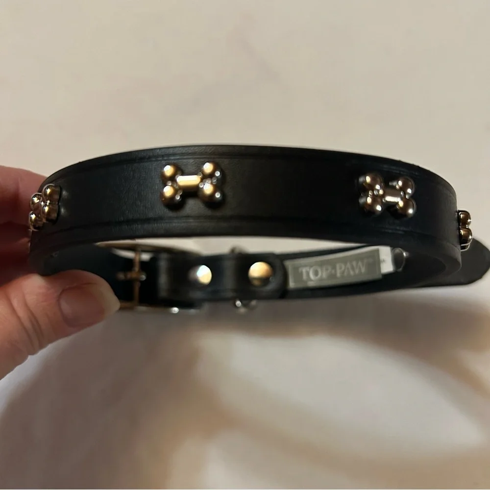 Medium Bone Black Leather Collar - Picture 1 of 6